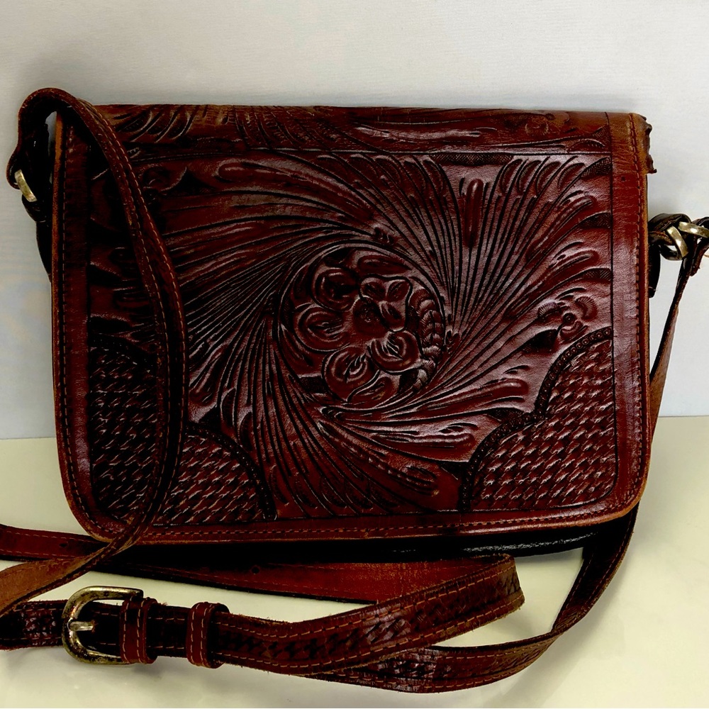 American West Mahogany Hand-tooled Genuine Leather Handbag Shoulder Strap Bag
